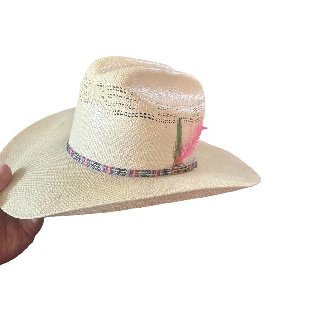 Tombstone Bangora Straw Longhorn Western Cowboy Hat Sz 56 7 Aztec Band Feather
